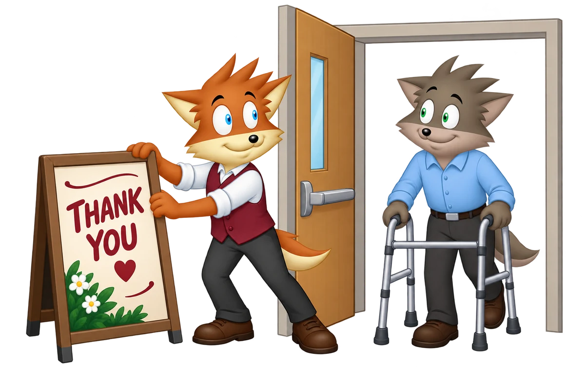 An orange fox moves a thank-you display away from a civic hall entrance so a resident with a walker can enter.