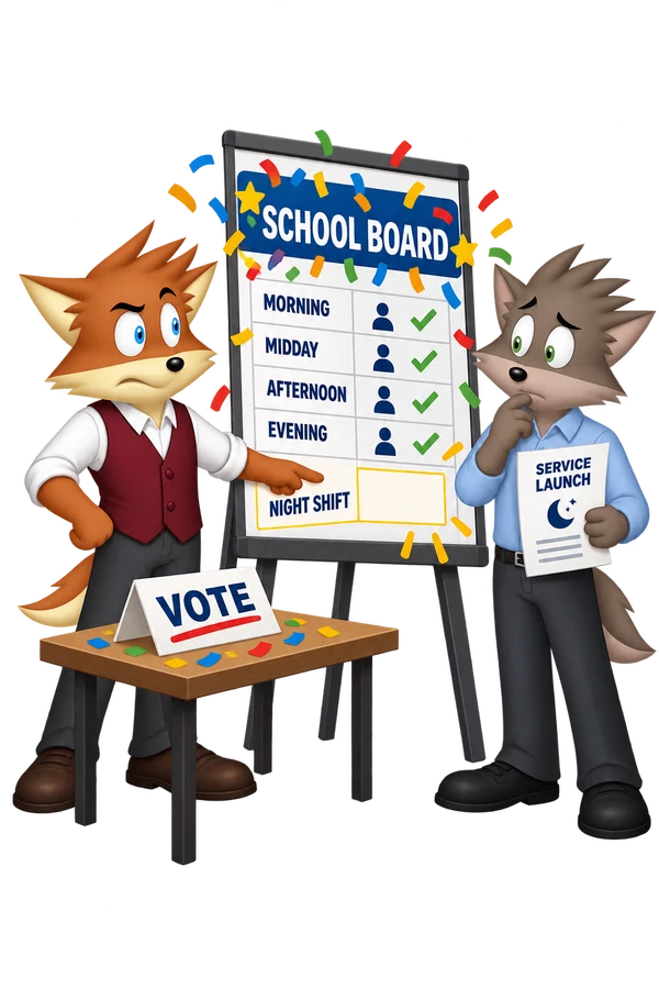 An orange school-board member points to an empty Night Shift box beneath celebratory confetti as a colleague examines the service launch proposal.
