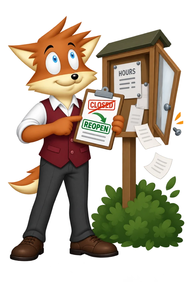 An orange fox reopens a closed repair ticket beside a noticeboard with an open door and loose sheets blowing toward a hedge.