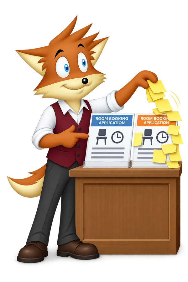 An orange fox compares two room application forms and lifts sticky notes covering one of them.
