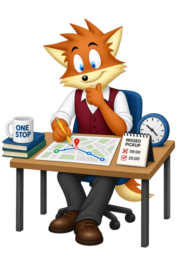 An orange fox revises a route map beside a missed-pickup record and a One Stop mug.