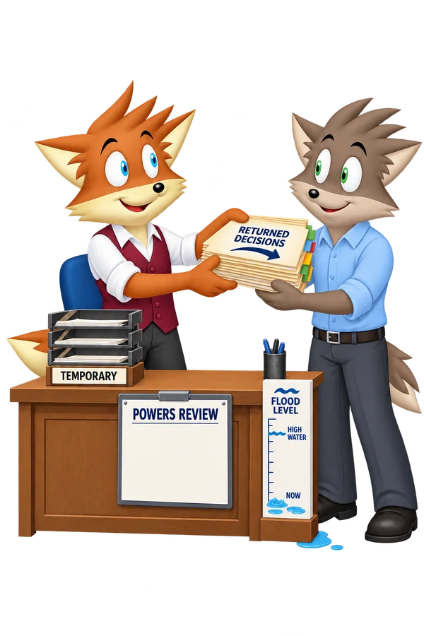 An orange chair hands folders marked Returned Decisions to a colleague beside temporary trays, a powers review agenda and a low flood-level marker.