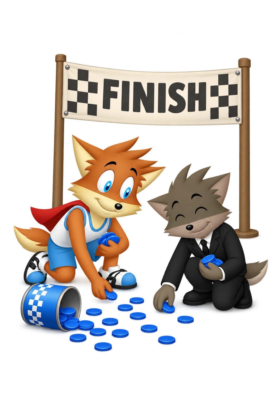 The orange mascot and grey-brown companion gather spilled blue counters beside a cardboard finish banner.