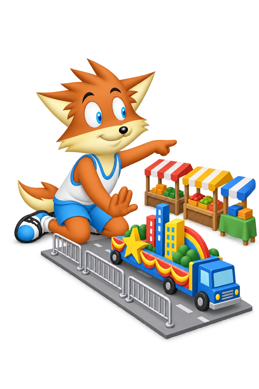 The orange mascot checks the small gap between a toy parade float and miniature market stalls.