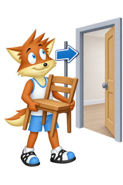 The orange mascot carries a chair toward an open doorway marked with a blue arrow.