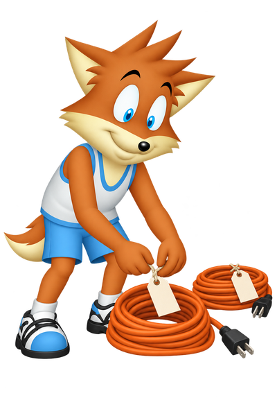 The orange mascot attaches a tag to a coiled extension lead beside a second tagged lead.