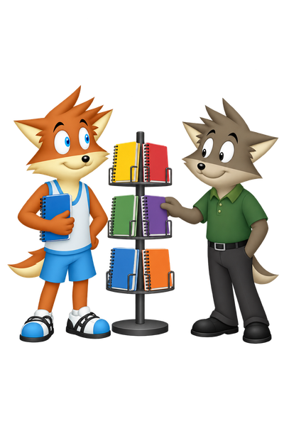 The orange mascot holds one blue notebook while a grey-brown shopper reaches toward another on a small display.