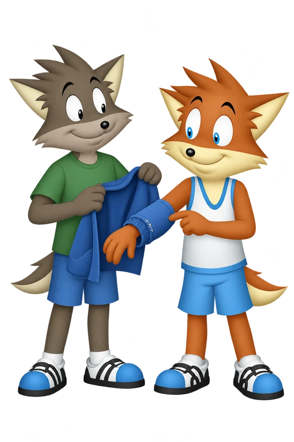 The orange mascot slips a hand through a jacket’s stitched cuff held by a grey-brown companion.