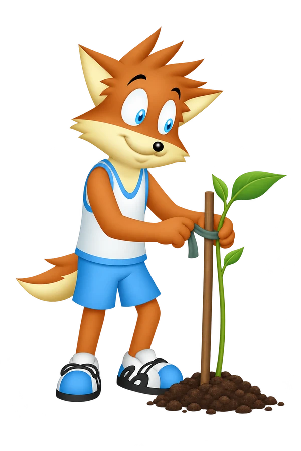 The orange mascot adjusts a loose tie beside a small seedling with an unfurling leaf.