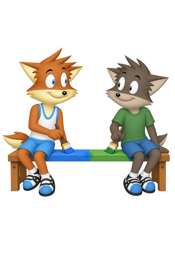 The orange mascot and a grey-brown companion paint different sections of a low bench beside a small overlapping patch.