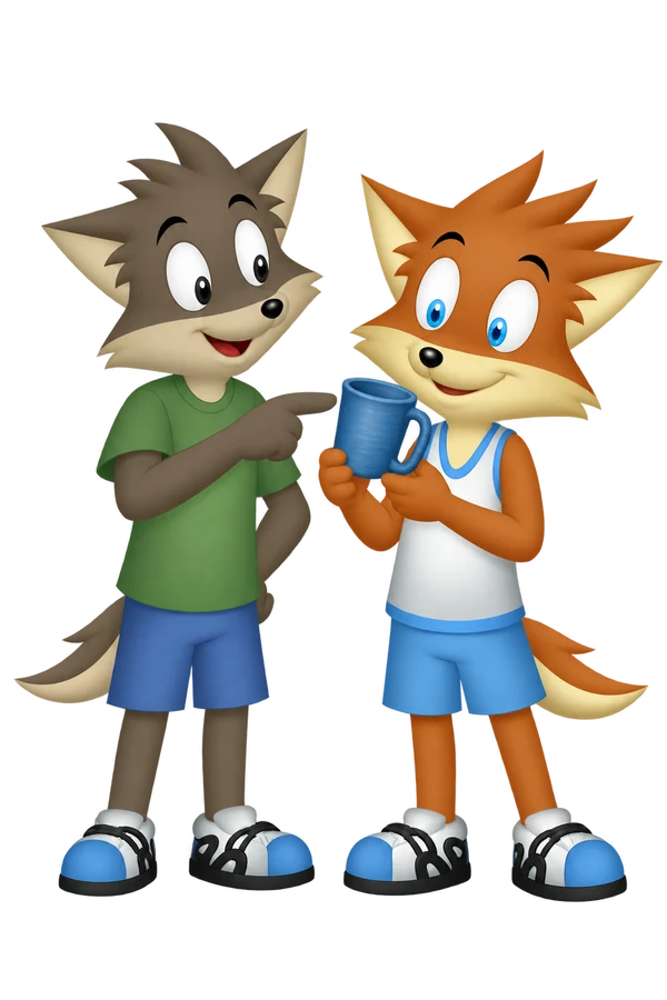 The orange mascot turns a handmade blue cup to examine its leaning handle as a grey-brown companion points toward it.