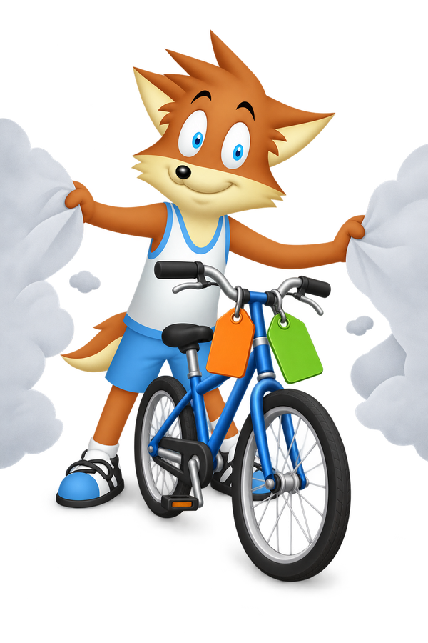 The orange mascot parts pale clouds around a bicycle with two colored tags on its handlebar.