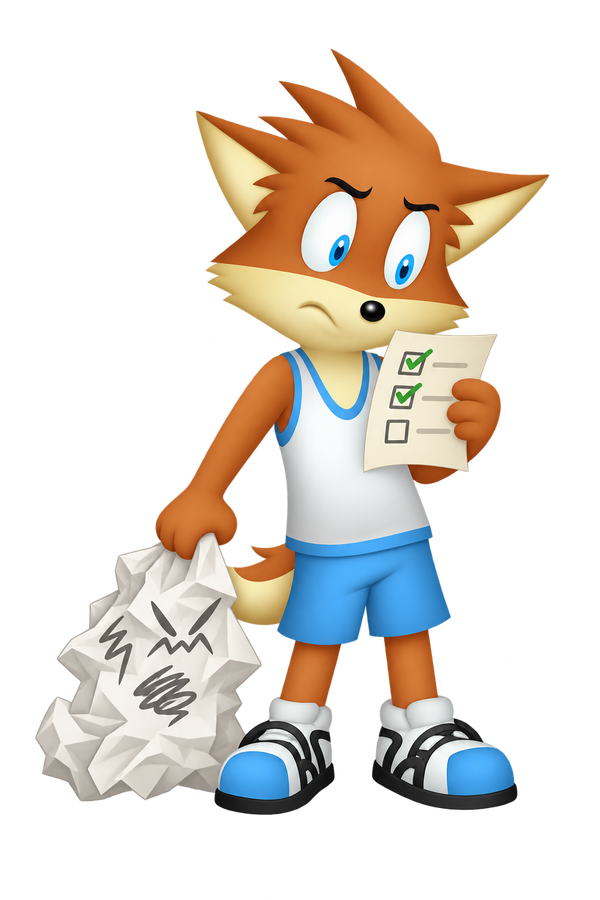 The frowning orange mascot looks at an unfinished checklist while lowering a large crumpled sheet with angry marks.