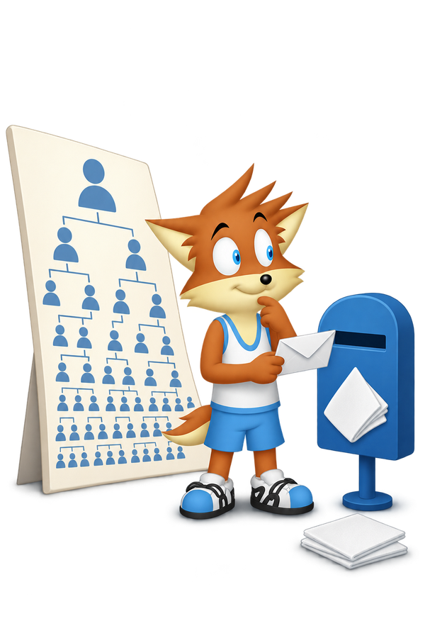 The orange mascot pauses with an envelope beside a napkin-marked mail slot and a large family-tree diagram.