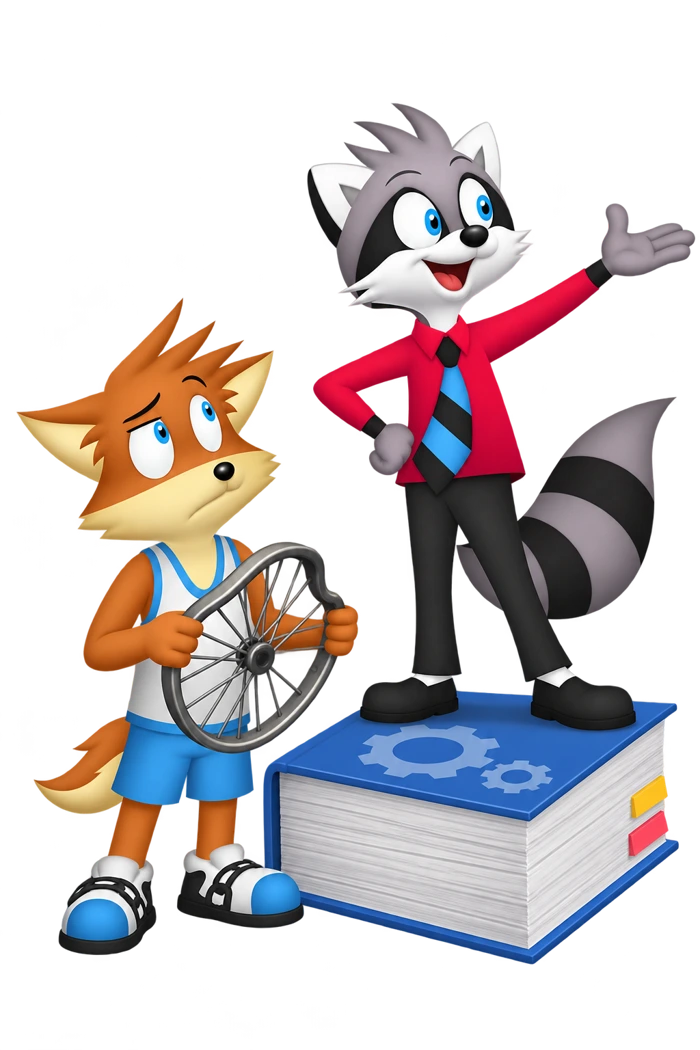 A raccoon speaks from atop a thick book while an orange colleague holds a bent wheel below.