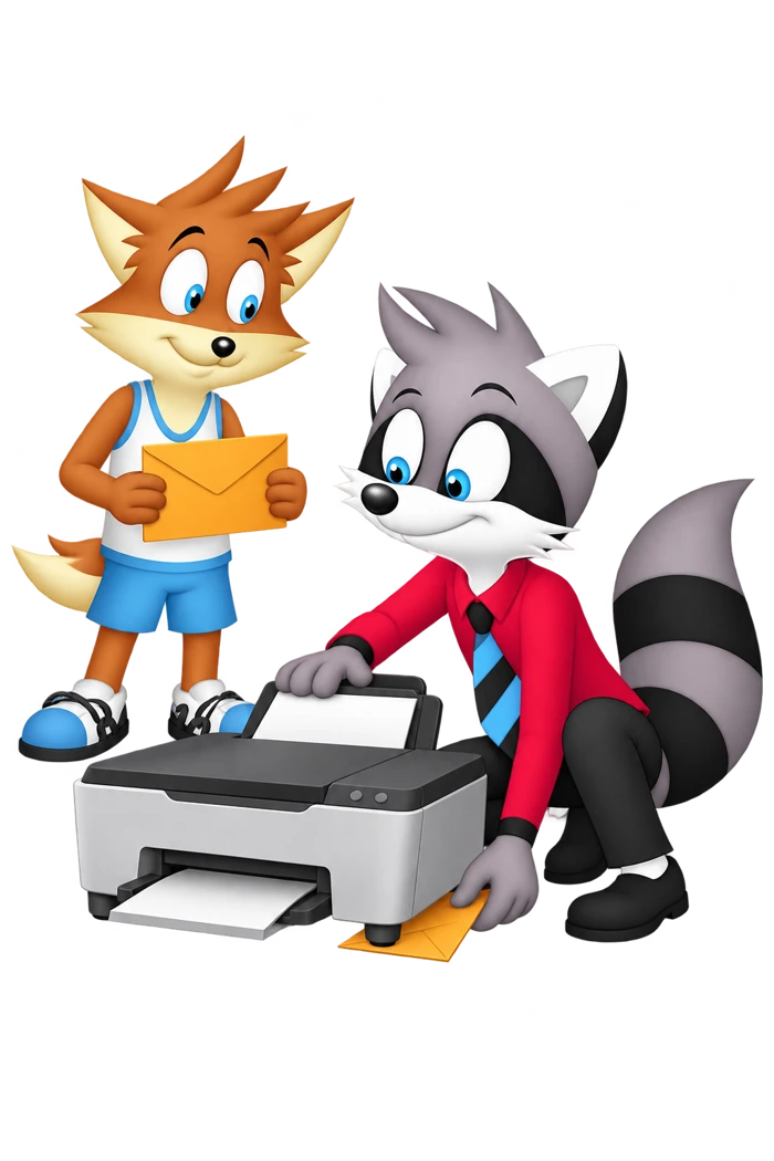 A raccoon pushes an orange envelope beneath a machine's foot while an orange colleague waits with another envelope.