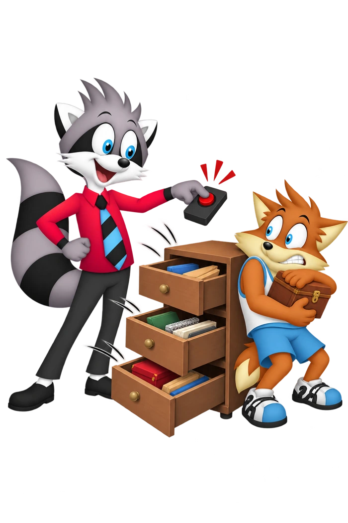 A raccoon presses a remote beside open drawers while an orange colleague holds a small box close.