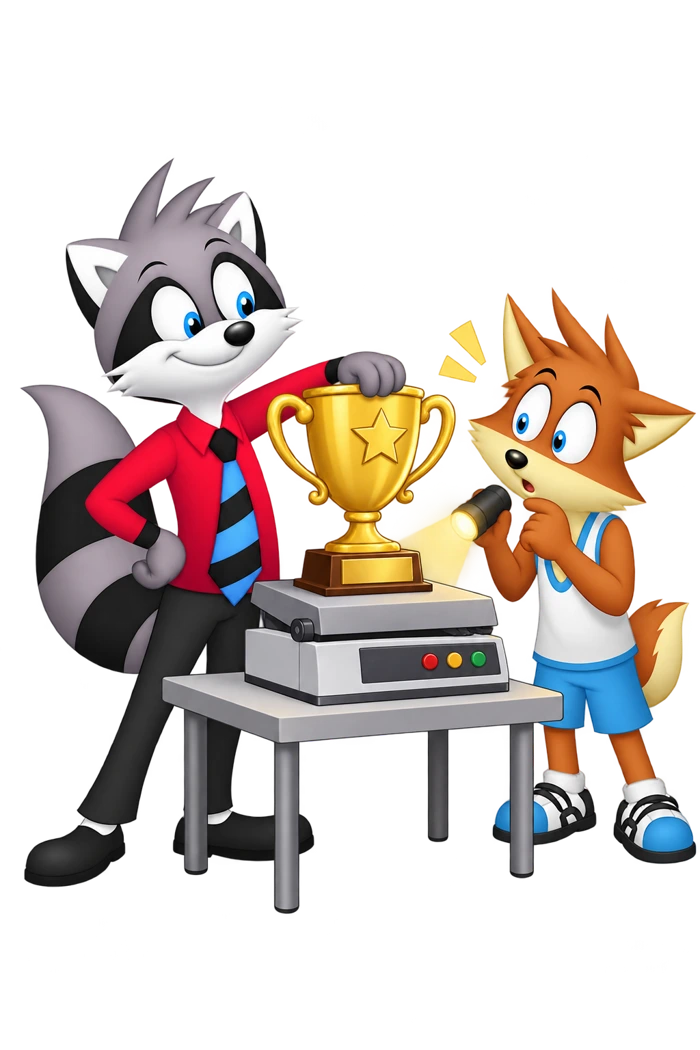 A raccoon rests a trophy on the lid of a machine while an orange colleague holds an inspection light.