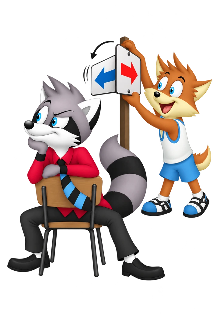 A raccoon sits backward on a chair while an orange colleague turns a sign with opposing arrows.