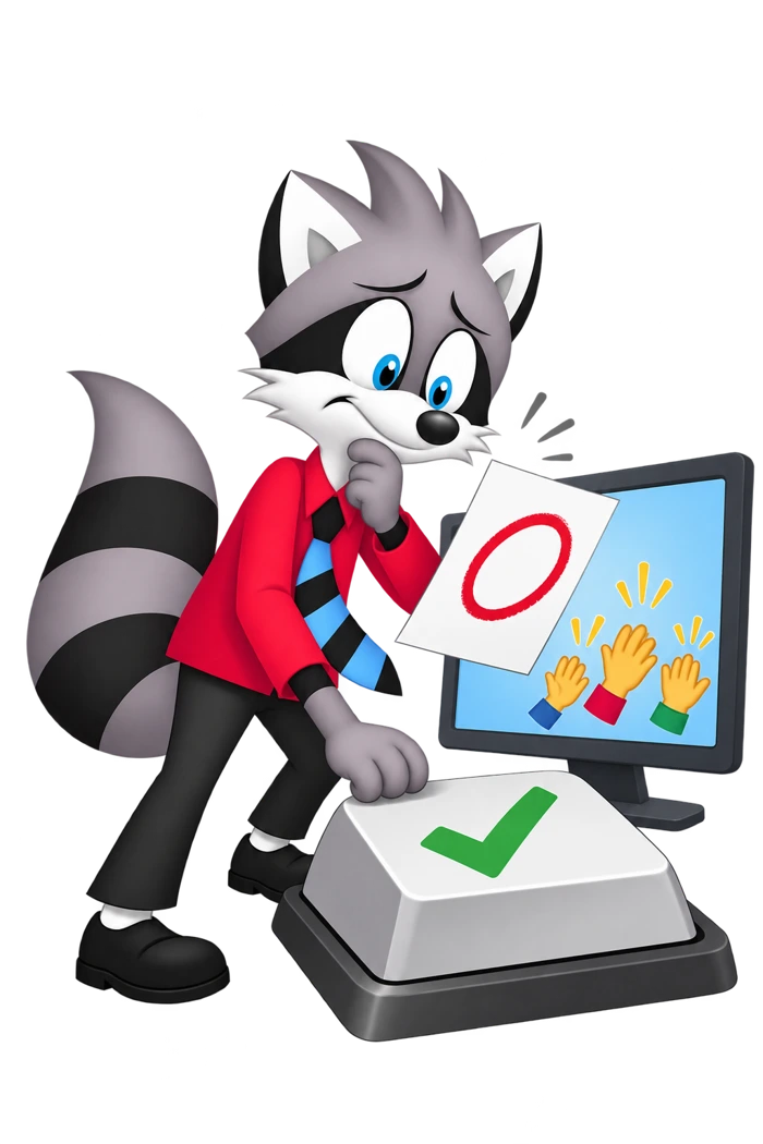 A raccoon hesitates over a large keyboard key beside a correction sheet and applause symbols on a screen.
