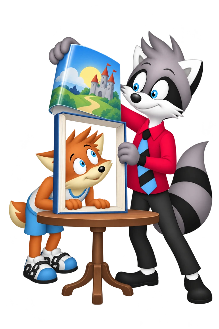 A raccoon holds an illustrated book jacket over an empty frame while an orange colleague peers through the opening.