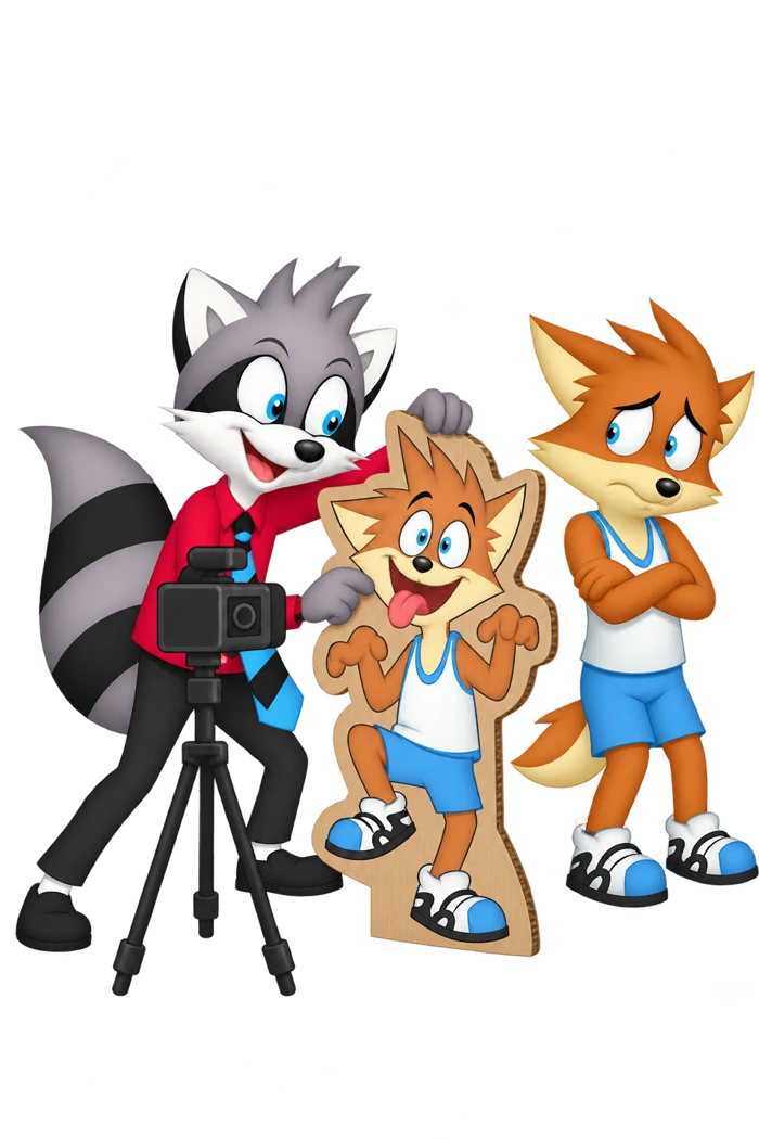 A raccoon positions a comic cardboard likeness before a camera while the orange subject stands aside with folded arms.