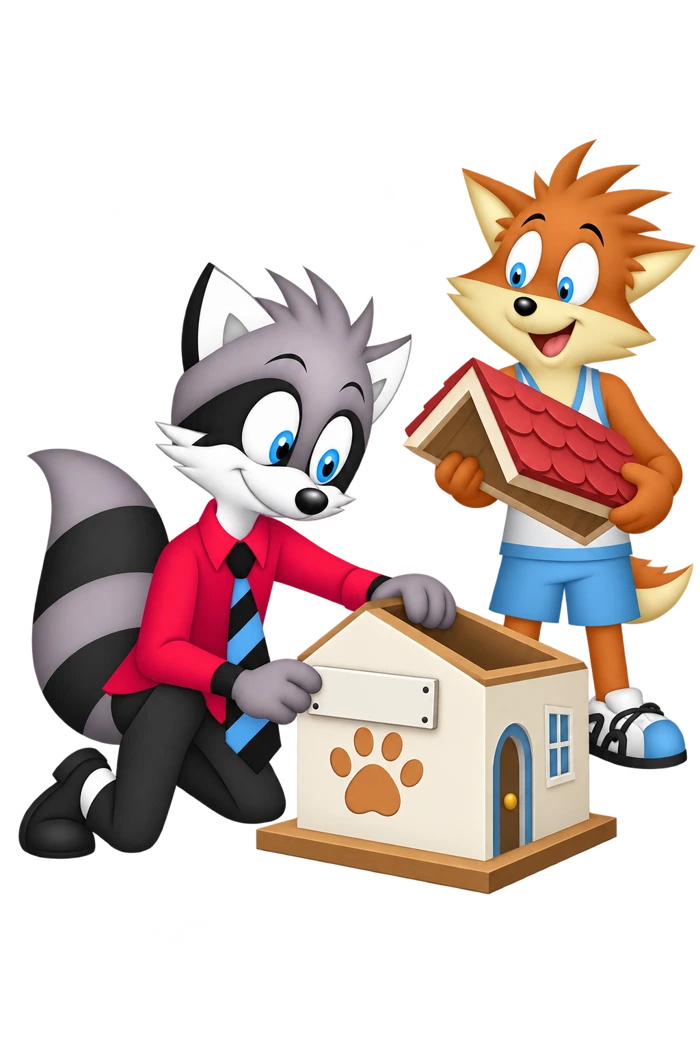 A raccoon slides a blank nameplate over a paw-print maker mark on a model house while an orange colleague holds its roof.