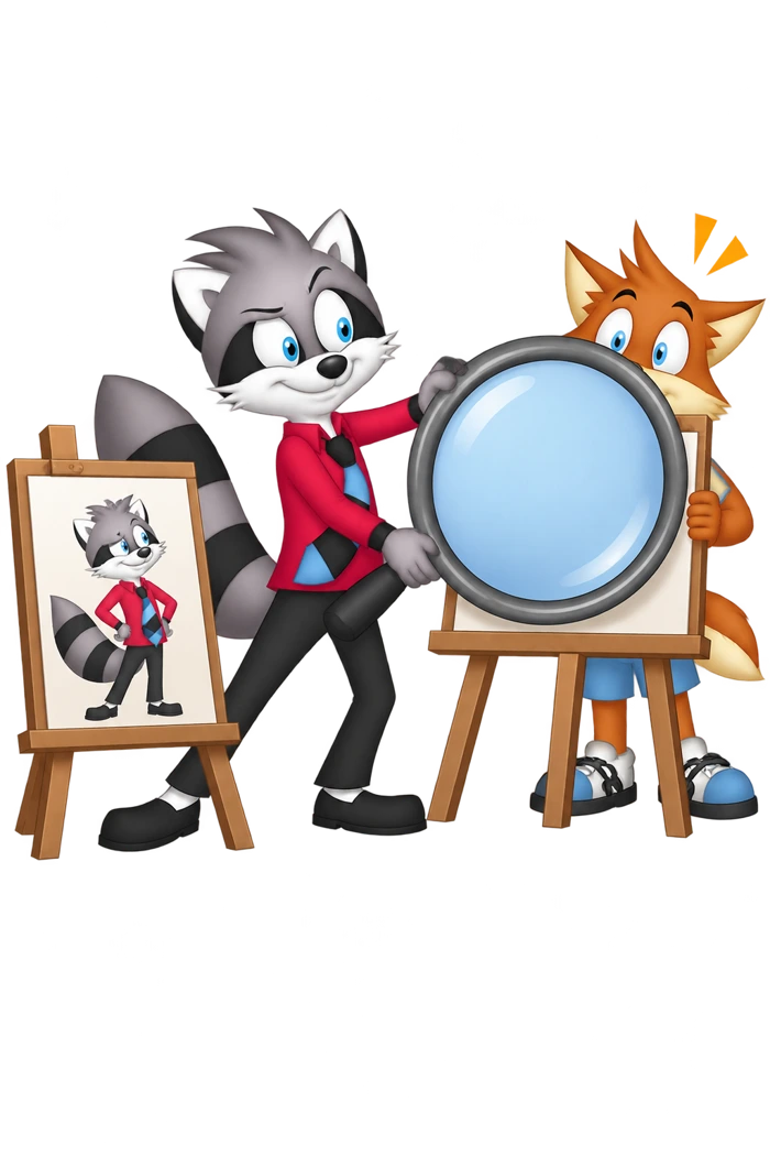 A raccoon places a large magnifying glass in front of an orange colleague's picture while its own portrait remains visible.