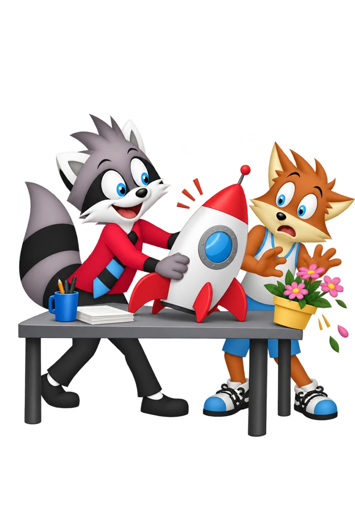 A raccoon pushes a rocket model across a table, crowding an orange colleague's flower arrangement.