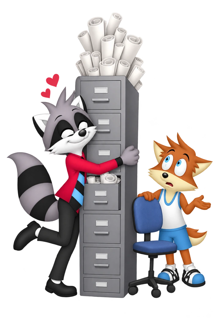 A raccoon embraces a tall cabinet of papers while an orange colleague waits on a chair beside it.