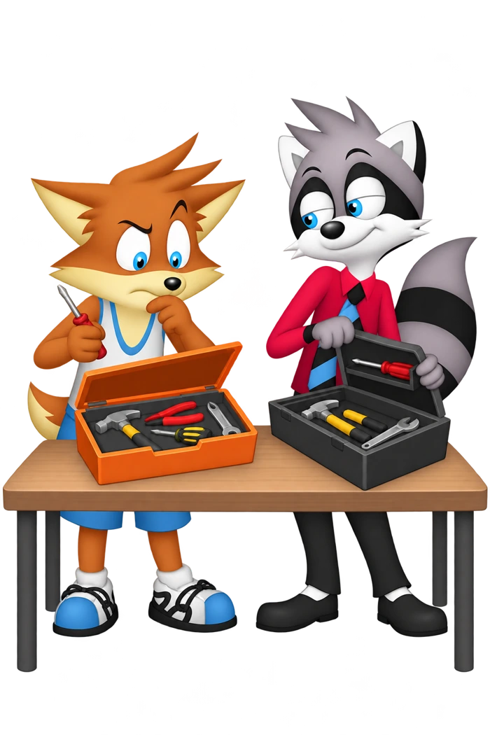 A raccoon checks an orange colleague's open tool case while holding the lid of its own case partly closed.
