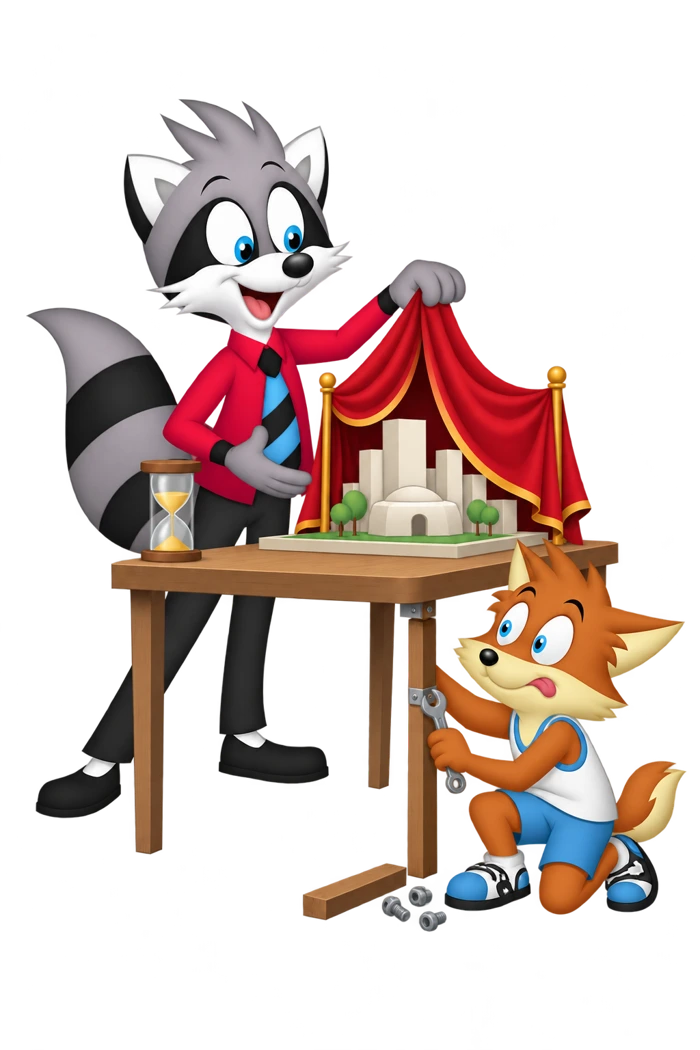 A raccoon raises a curtain on a model while an orange colleague works on its table support beside a timer.