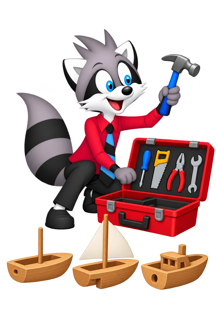 A raccoon opens a new toolbox beside three unfinished toy boats.
