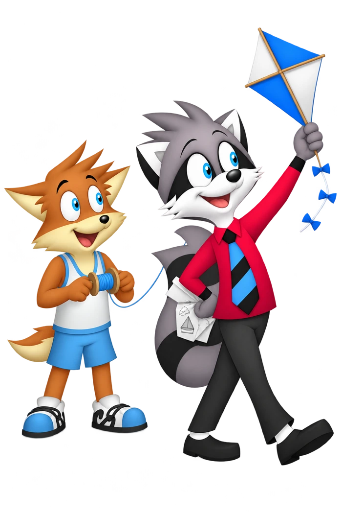 A raccoon displays a kite with a folded diagram behind its back while an orange colleague clasps their paws nearby.
