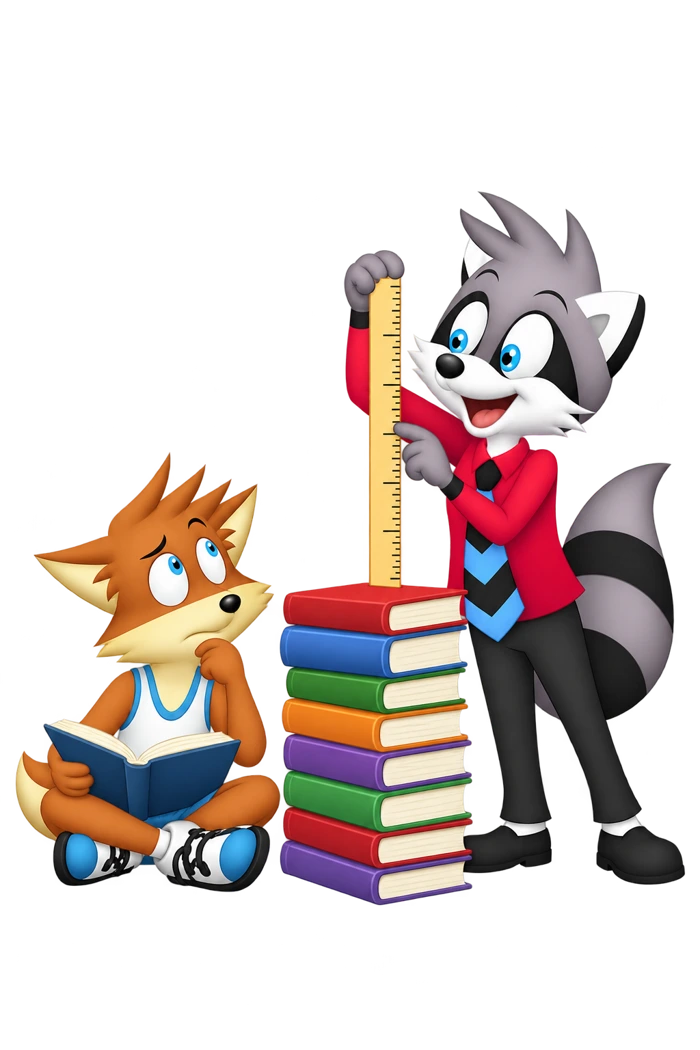 A raccoon measures a stack of closed books while an orange colleague reads an open one.