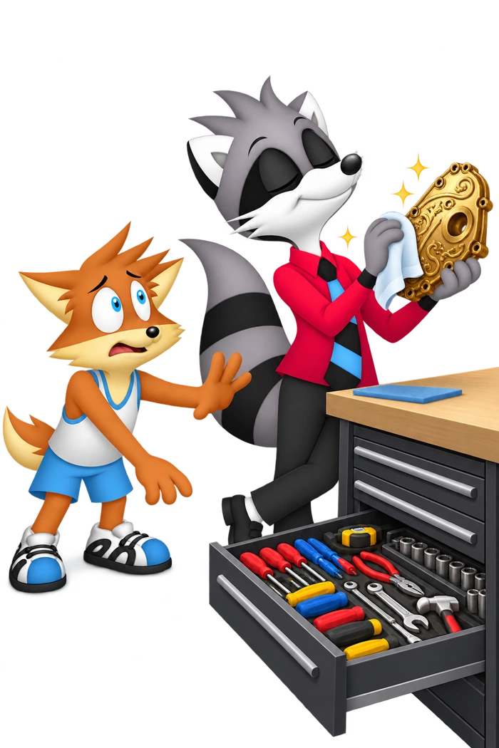 A raccoon polishes an ornate cover while an orange colleague gestures toward an open tool drawer.