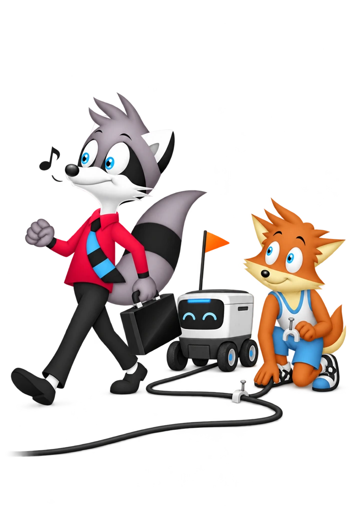A raccoon walks away from a small delivery robot and a loose floor cable while an orange colleague holds a clip.