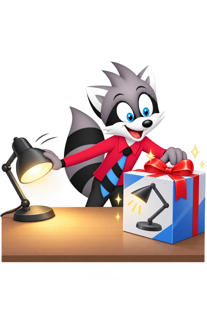 A raccoon admires a ribboned lamp box beside a working desk lamp.
