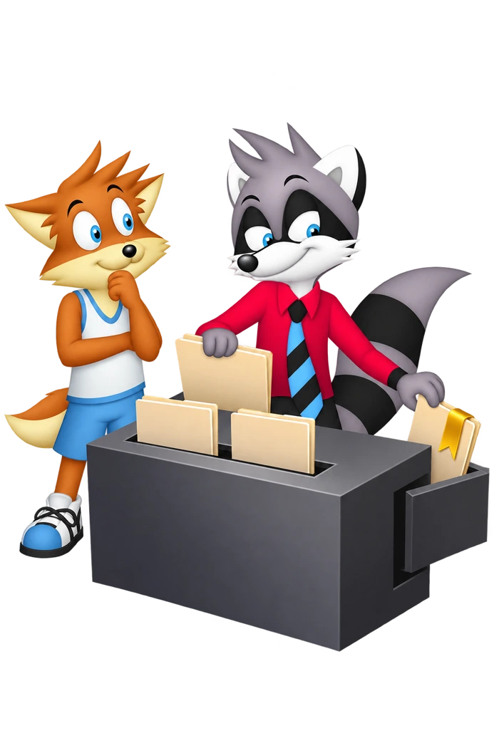 A raccoon sorts folders at a large tray while guiding a yellow folder toward a side opening.