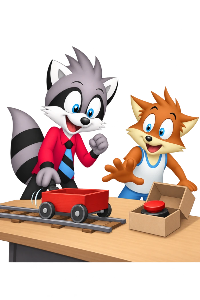 A raccoon starts a wheeled model on a track while a red stop button lies unattached in a nearby box.