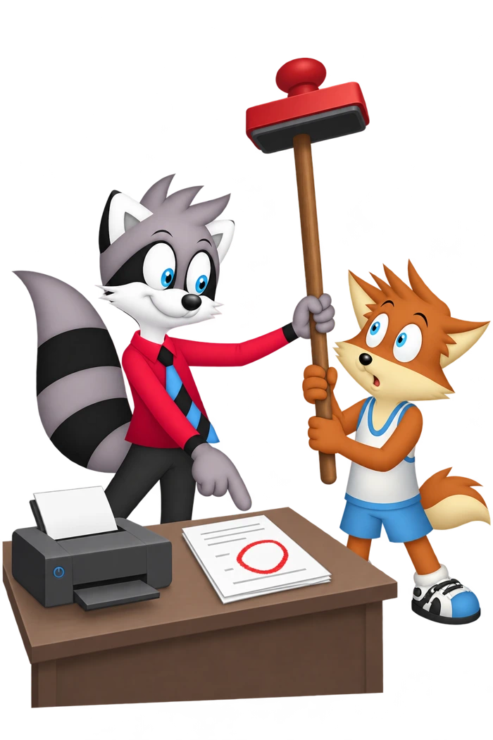 A raccoon points toward a printer while passing a long-handled stamp to an orange colleague beside a marked sheet.