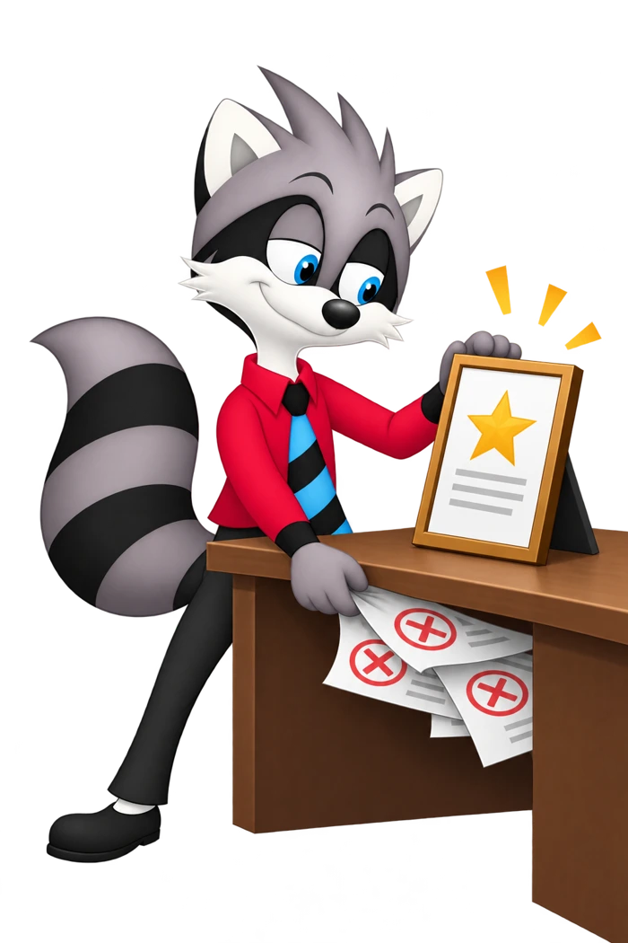 A raccoon displays a gold-star report while keeping sheets marked with red crosses below it.