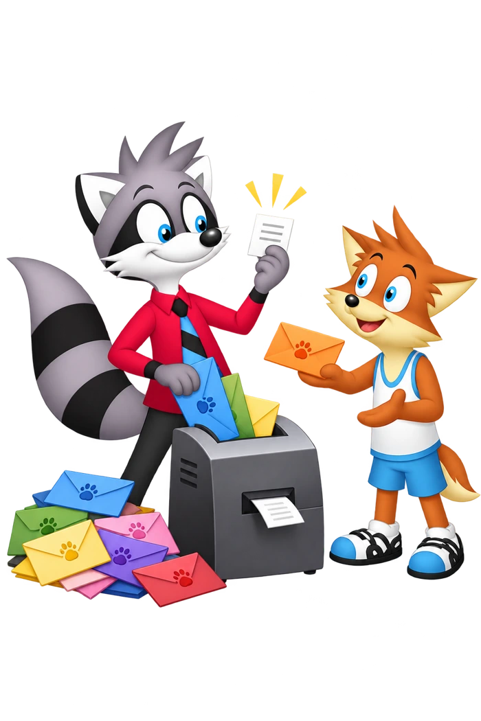 A raccoon feeds colorful envelopes into a machine and admires a small resulting sheet while an orange colleague reaches for an envelope.