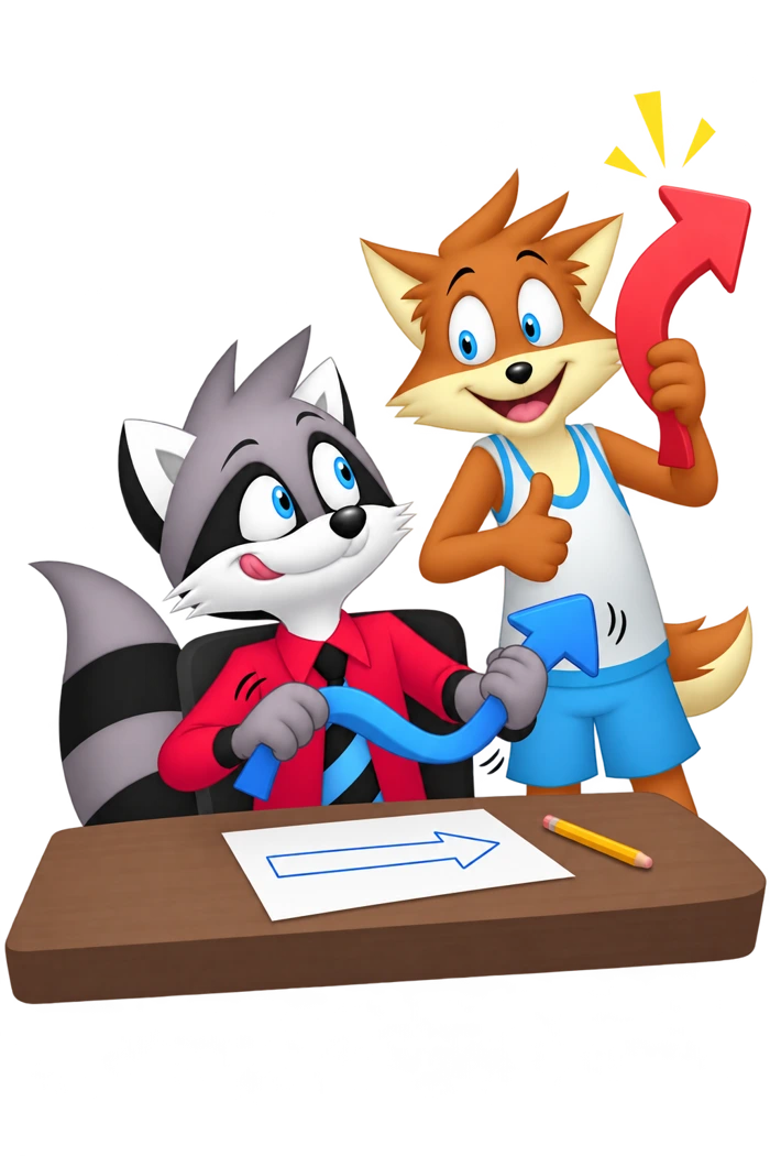 A raccoon bends a blue arrow toward a red arrow held by an orange colleague while a straight arrow drawing lies on the table.