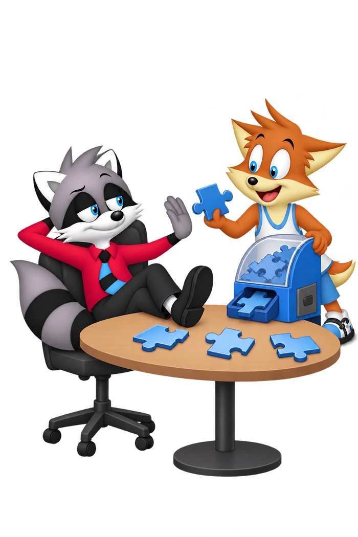 A reclining raccoon waves a paw beside unjoined puzzle pieces while an orange colleague offers another piece.