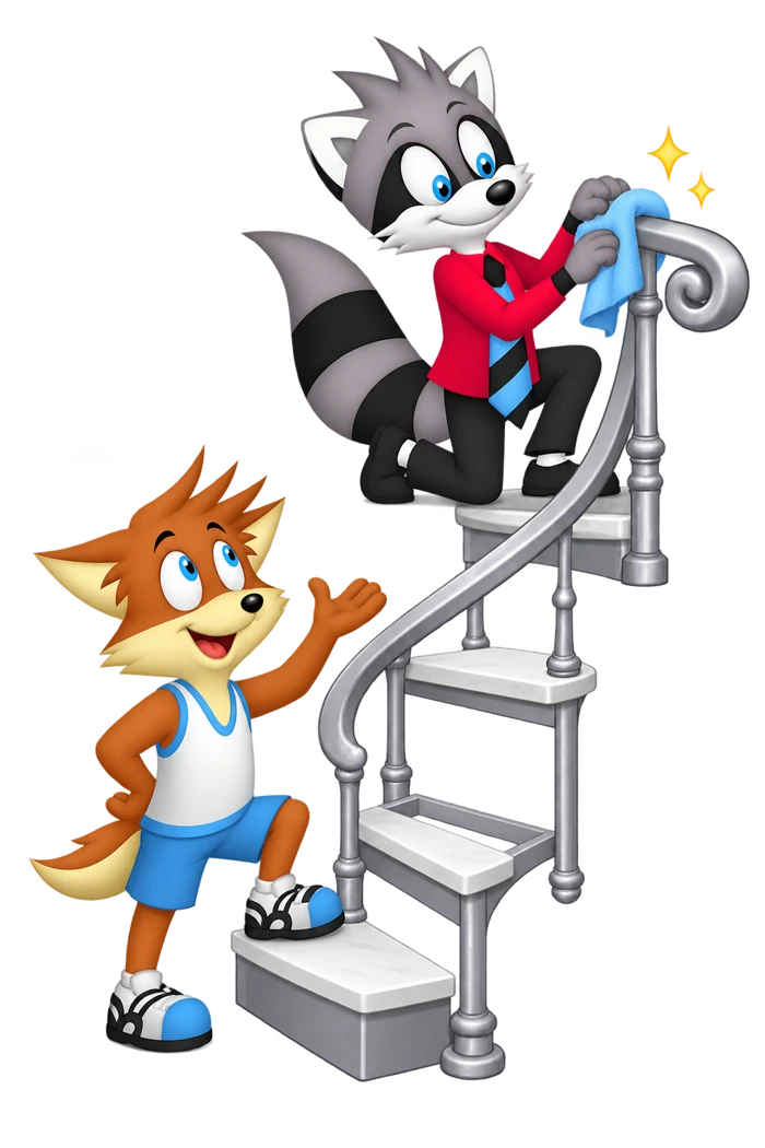 A raccoon polishes the rail of a silver staircase with a gap between its steps while an orange colleague waits below.