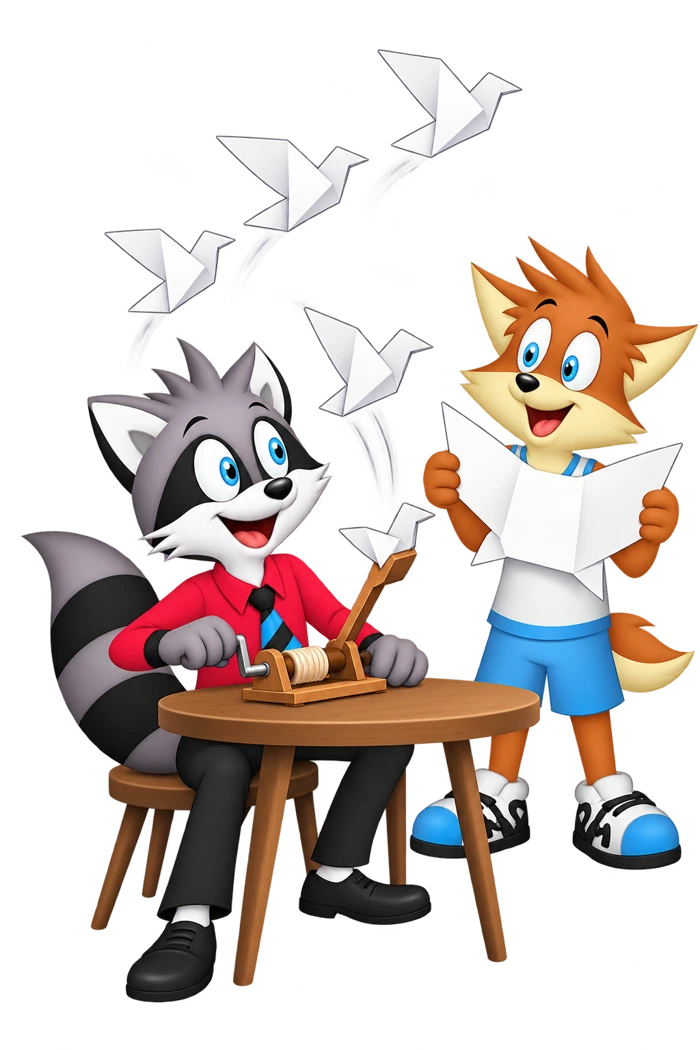 A raccoon operates a tabletop launcher as paper birds fly out; an orange colleague holds an unfolded sheet.
