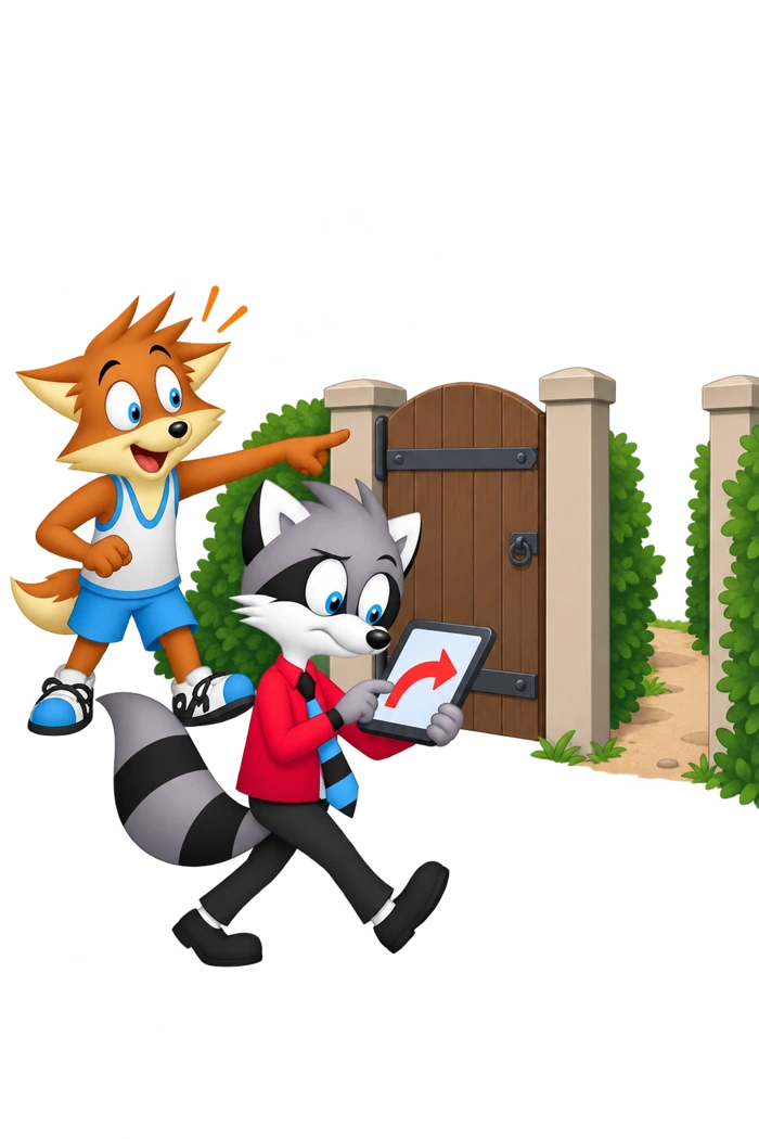 A raccoon follows a tablet beside a closed garden gate while an orange colleague points toward the side.