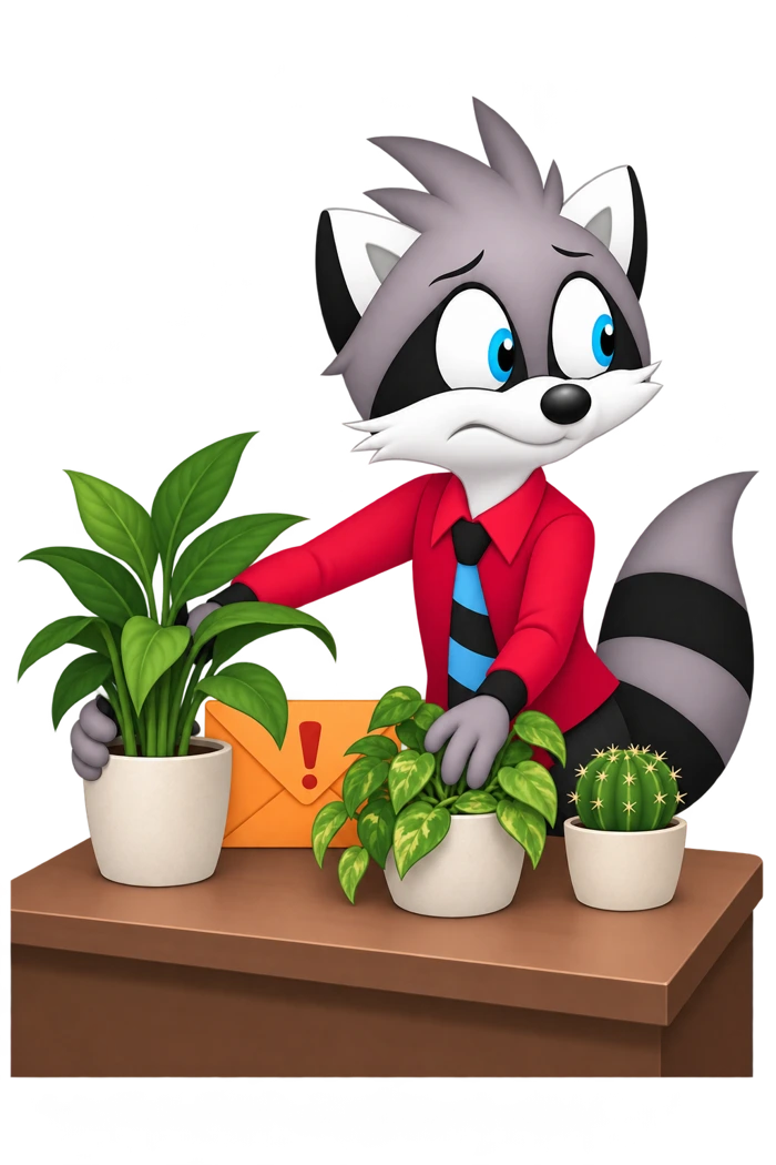 A raccoon arranges plants in front of an orange envelope marked with an exclamation point.