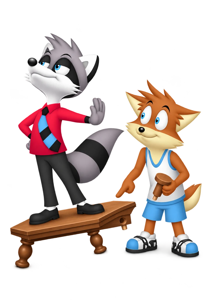 A grey raccoon dismisses an orange colleague offering the missing foot of the tilted stand beneath him.